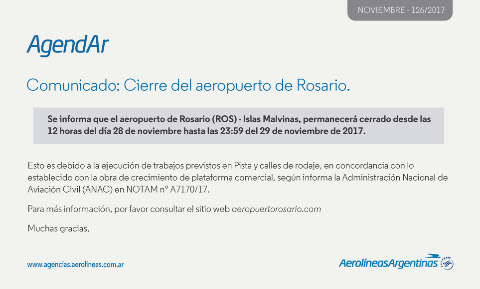 Comunicado: Cierre del aeropuerto de Rosario